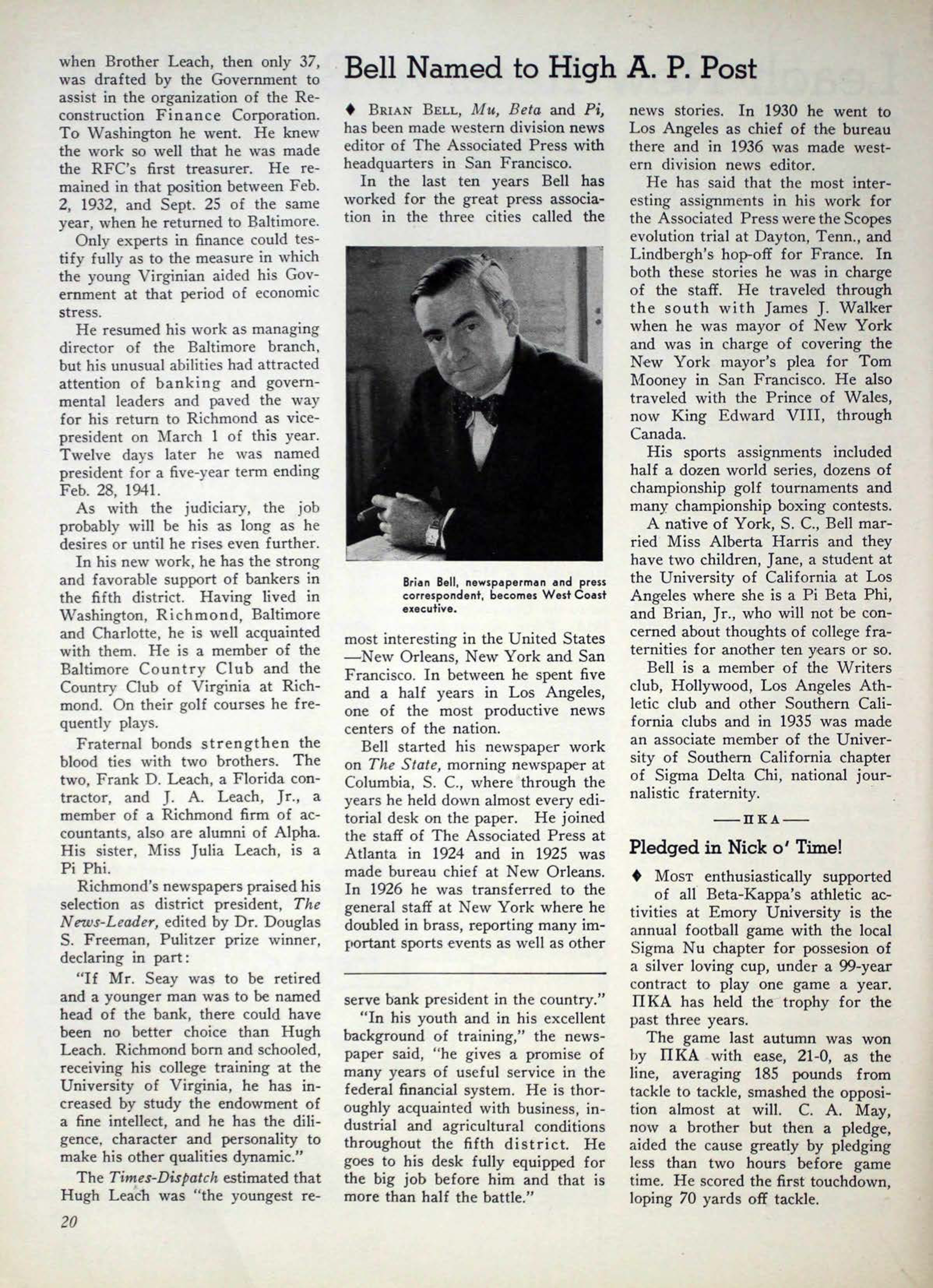 Bell Named To High A. P. Post